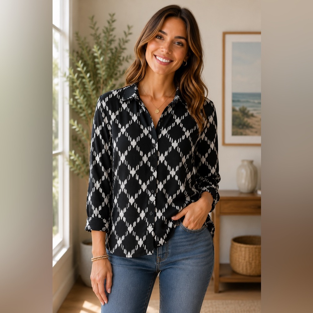 ✨$10 Clear Out✨Vero Moda Black White Diamond-Print ButtonDown Blouse Wide Sleeve
